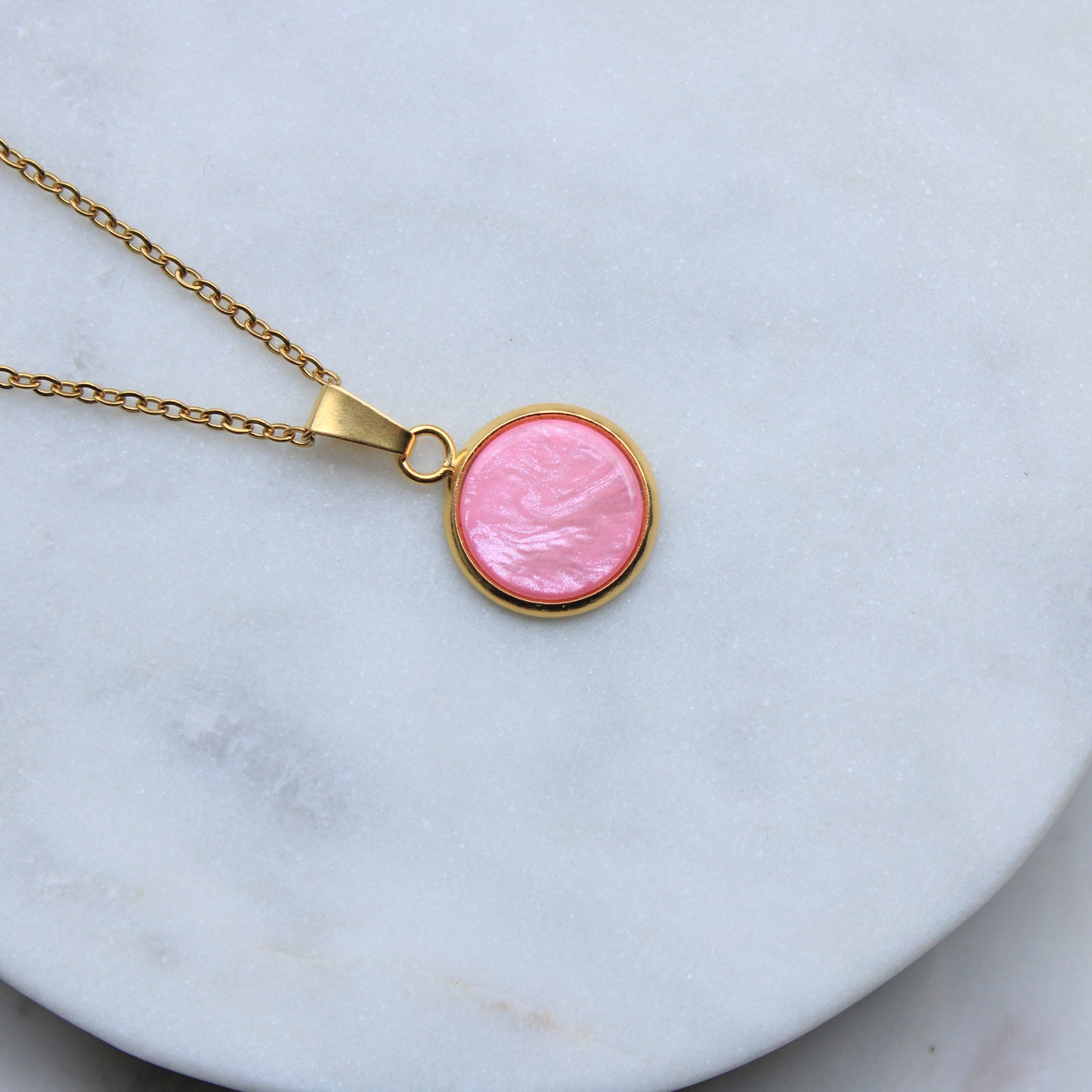 Halskette Gold aus Edelstahl, Anhänger mit Stein in Pink