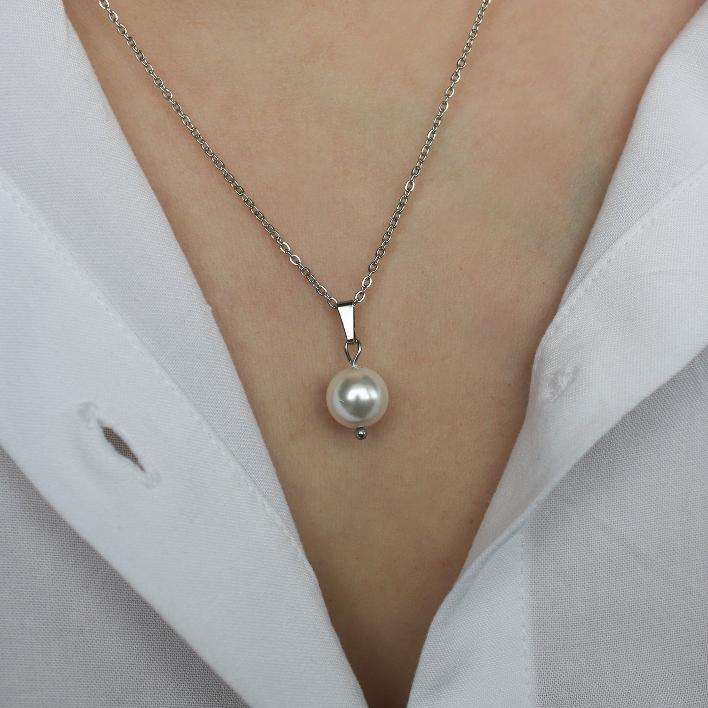 Halskette in Silber mit Perle als Anhänger, Edelstahl