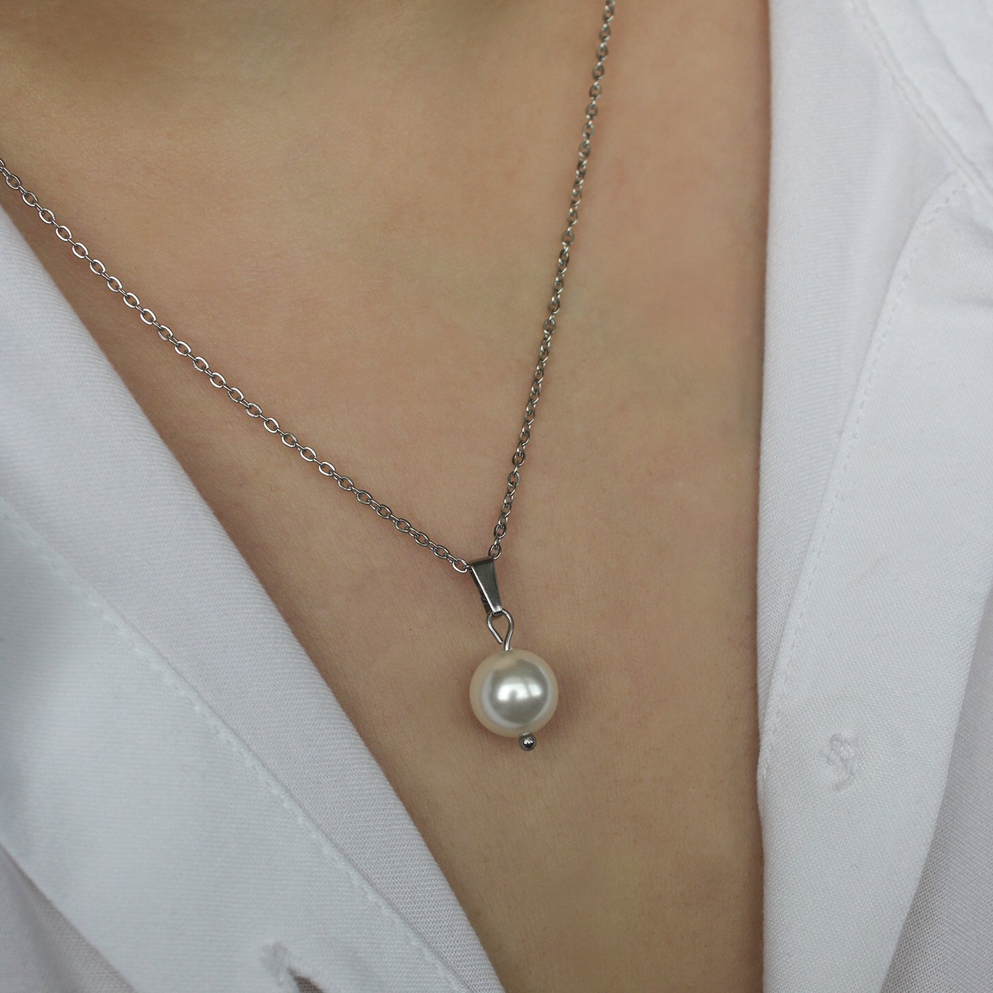 Halskette in Silber mit Perle als Anhänger, Edelstahl