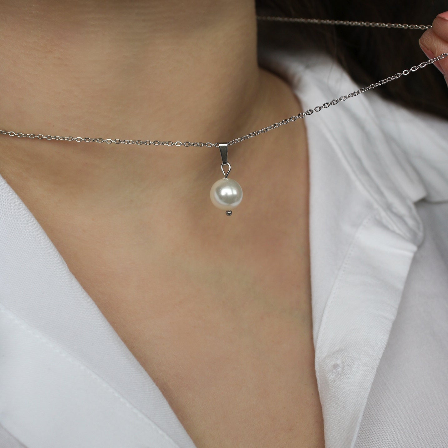 Halskette in Silber mit Perle als Anhänger, Edelstahl