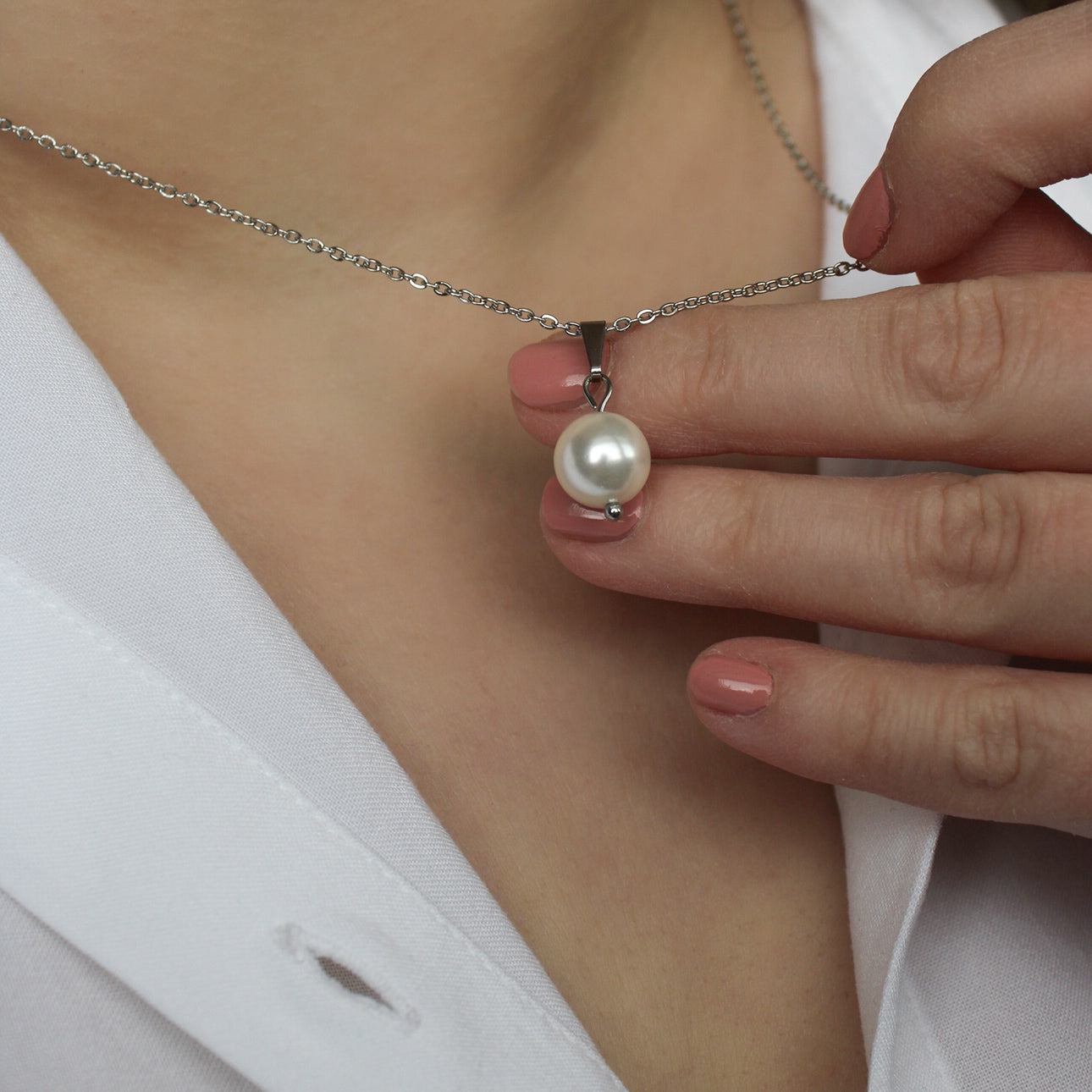 Halskette in Silber mit Perle als Anhänger, Edelstahl