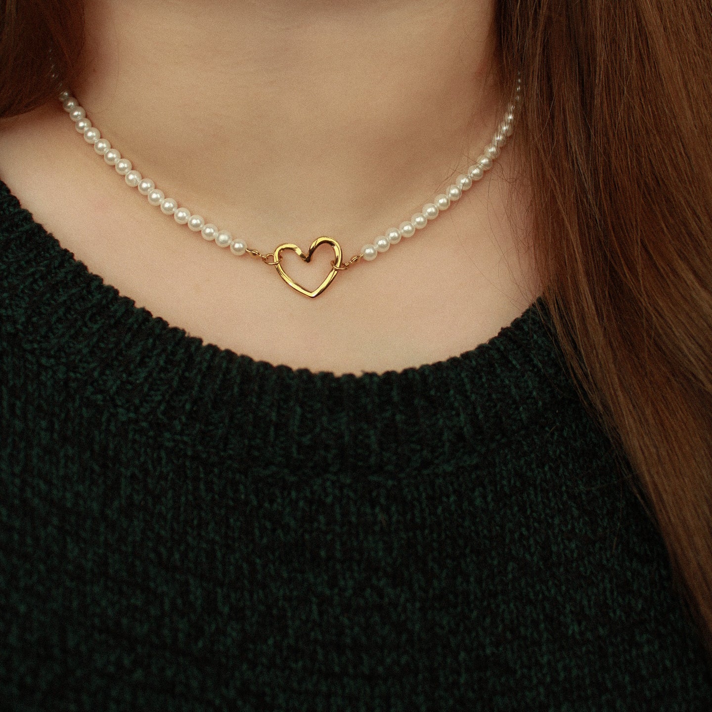 Perlenkette mit Herzanhänger/ Zwischenelement in Gold, Edelstahl