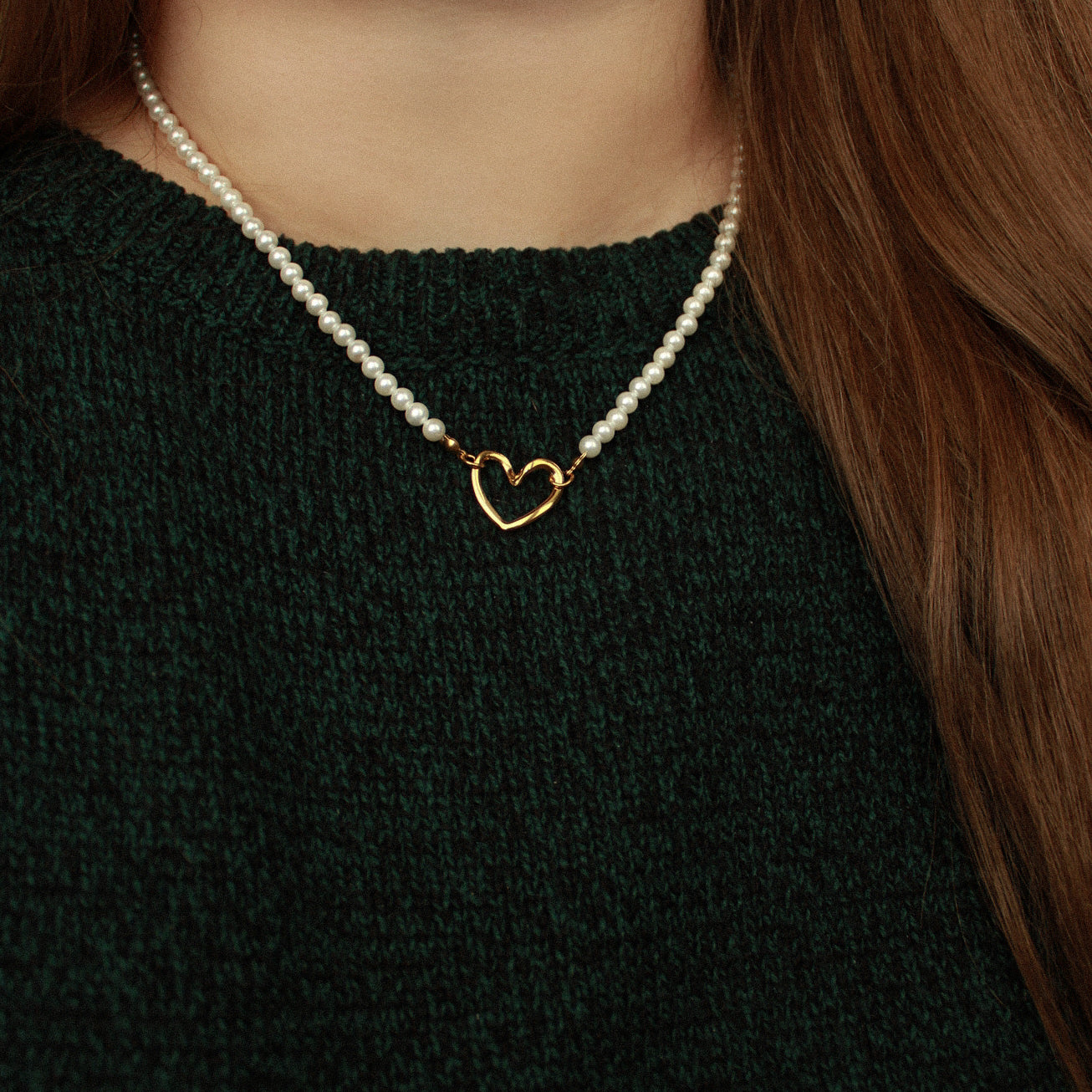 Perlenkette mit Herzanhänger/ Zwischenelement in Gold, Edelstahl