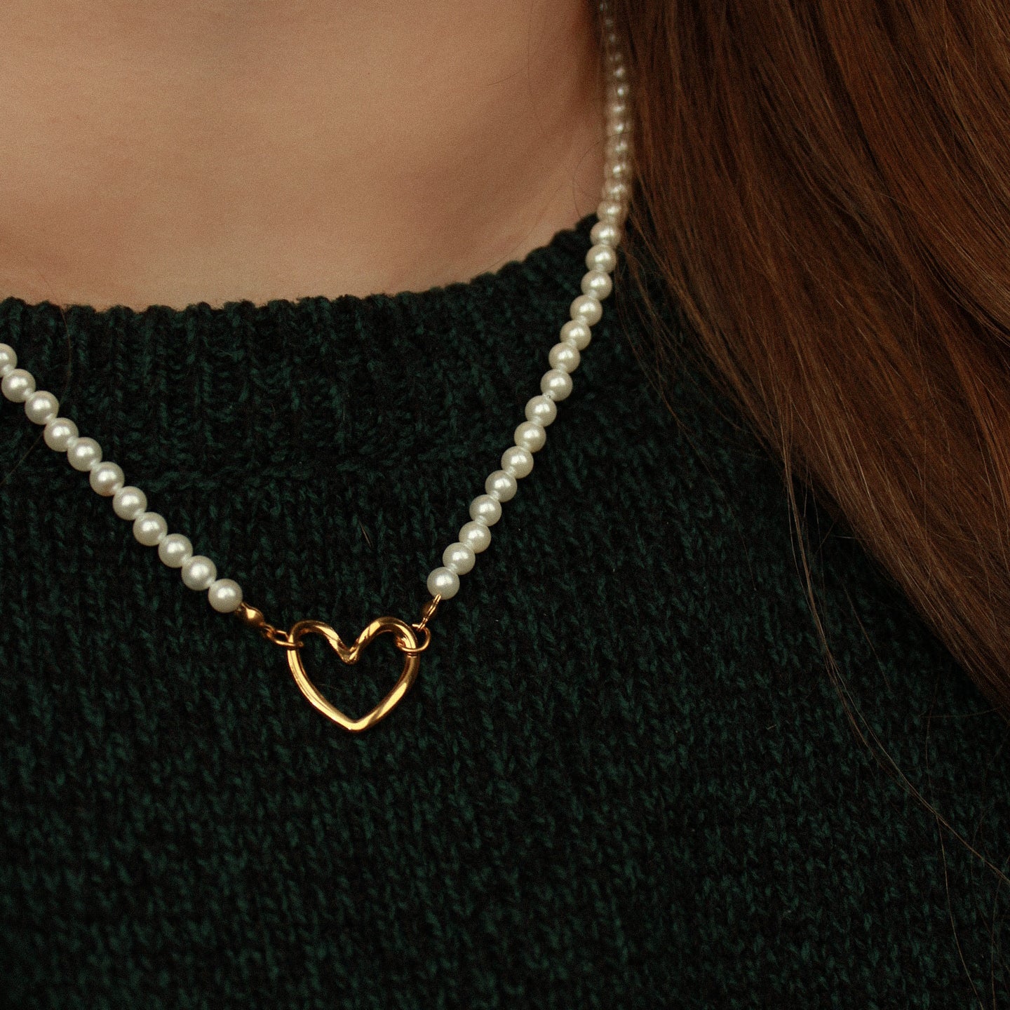 Perlenkette mit Herzanhänger/ Zwischenelement in Gold, Edelstahl
