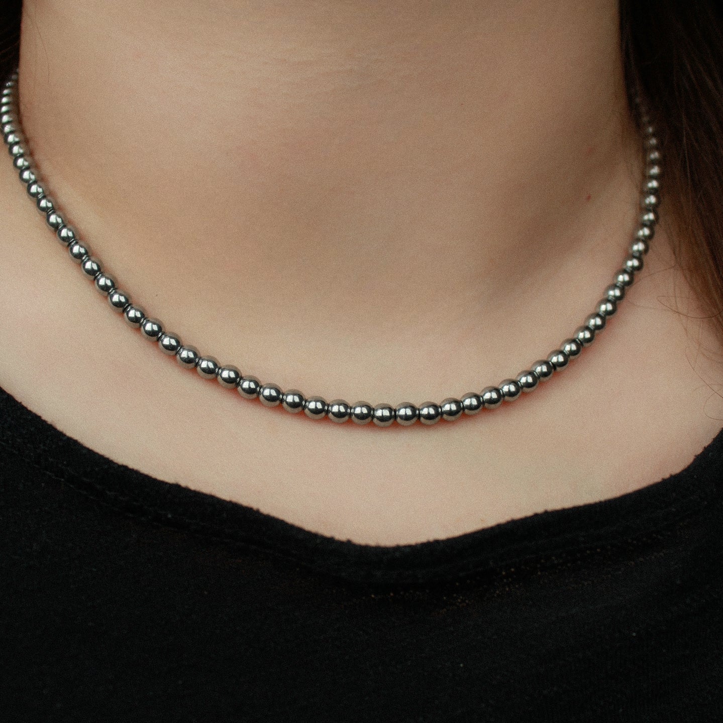 Hämatit Halkette, schlichte graue Kette mit Perlen und Edelstahl