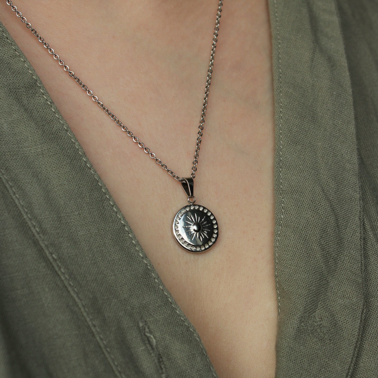 Halskette Silber mit Anhänger Sonne, Edelstahl