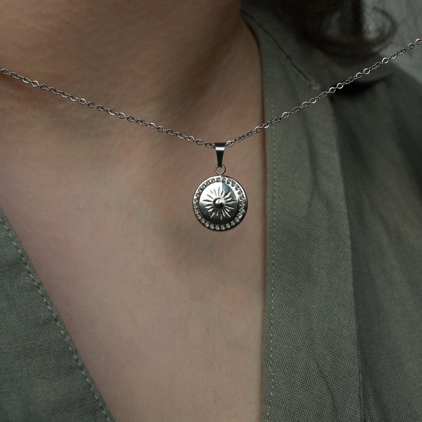 Halskette Silber mit Anhänger Sonne, Edelstahl