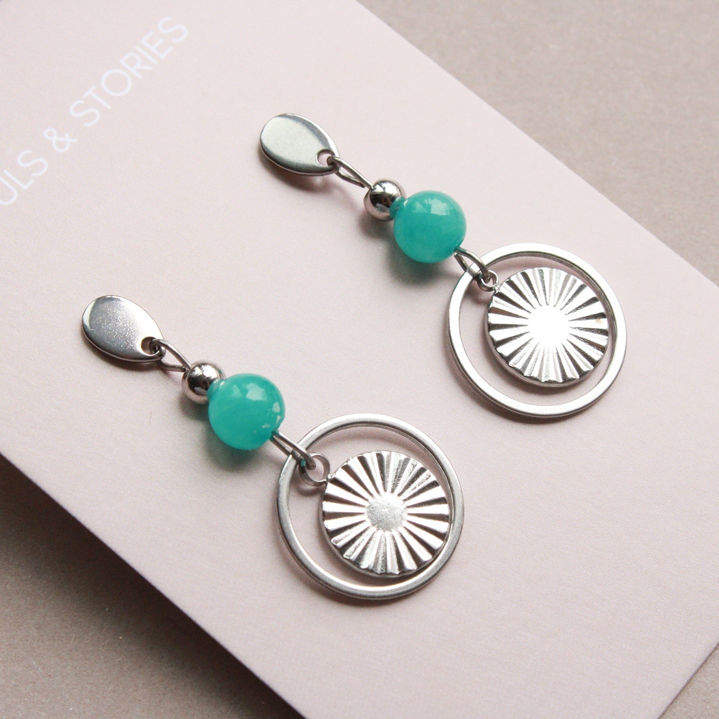 Ohrringe Silber mit Perle aus Naturstein in Türkis und rundem Anhänger, Ohrstecker