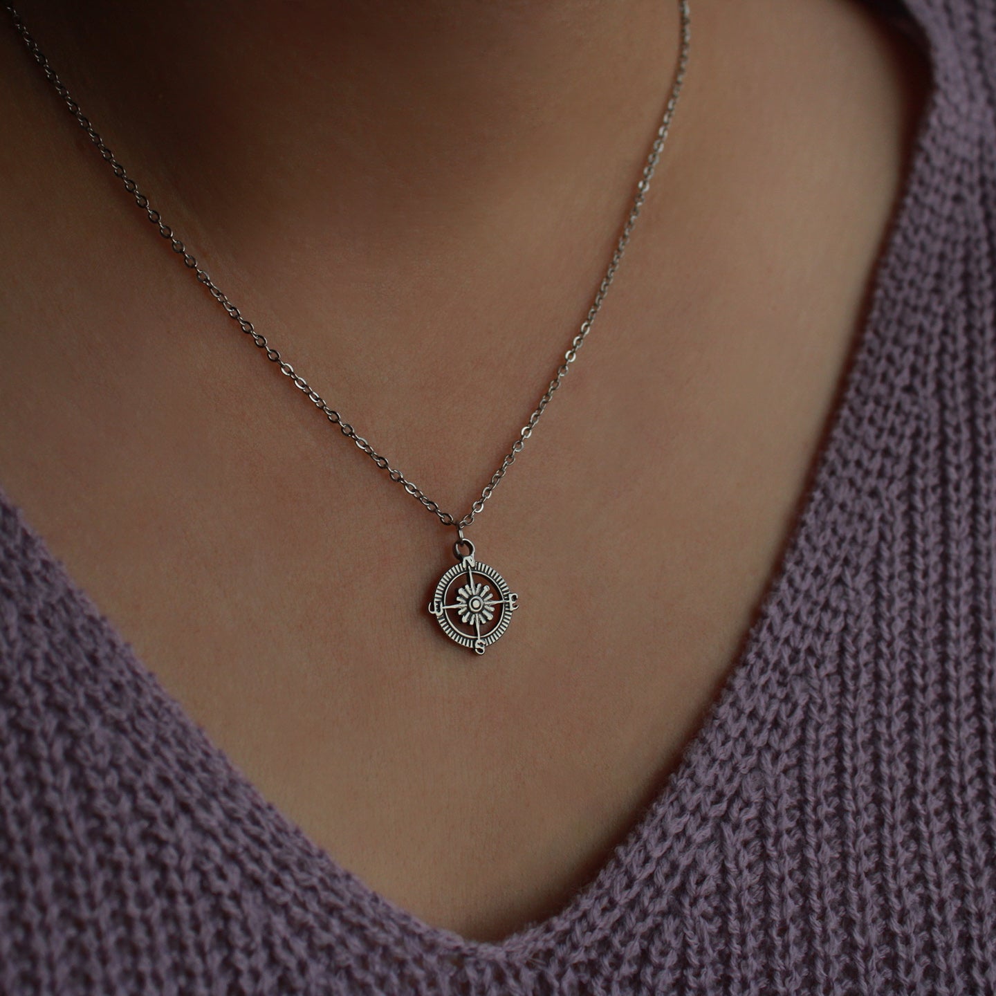 Halskette mit Anhänger Vintage Kompass in Silber, Edelstahl