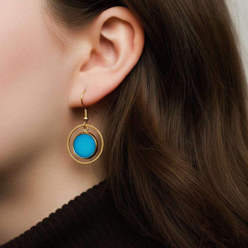 Ohrringe in Gold und Türkis Matt mit Kreis Anhänger, Edelstahl