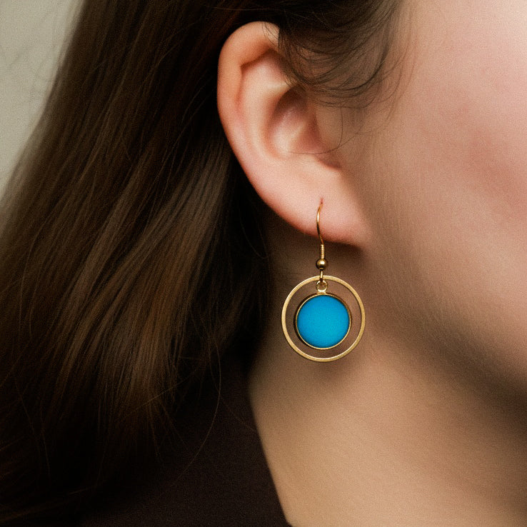 Ohrringe in Gold und Türkis Matt mit Kreis Anhänger, Edelstahl