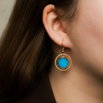 Ohrringe in Gold und Türkis Matt mit Kreis Anhänger, Edelstahl
