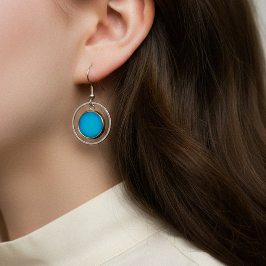 Ohrringe in Silber und Türkis Matt mit Kreis Anhänger, Edelstahl