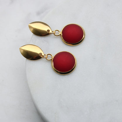 Ohrringe Navette in Rot Matt und Gold, Edelstahl