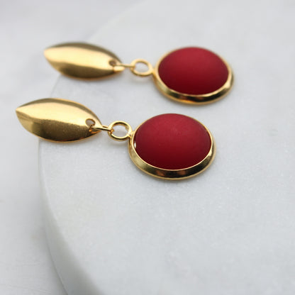 Ohrringe Navette in Rot Matt und Gold, Edelstahl