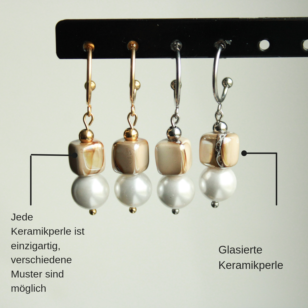 Ohrringe Silber mit Keramikperle in Sand Beige, Muschelkernperle, Edelstahl