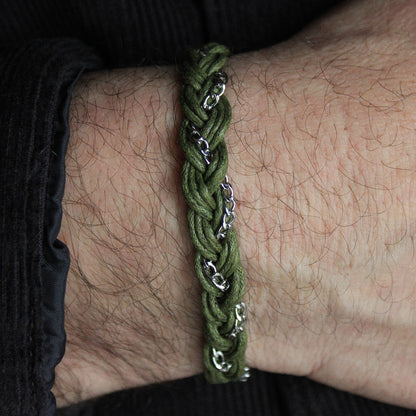 Armband geflochten in Silber und Army-grün, Edelstahl, verstellbar