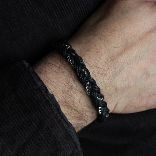 Armband geflochten in Silber und Schwarz, Edelstahl, verstellbar