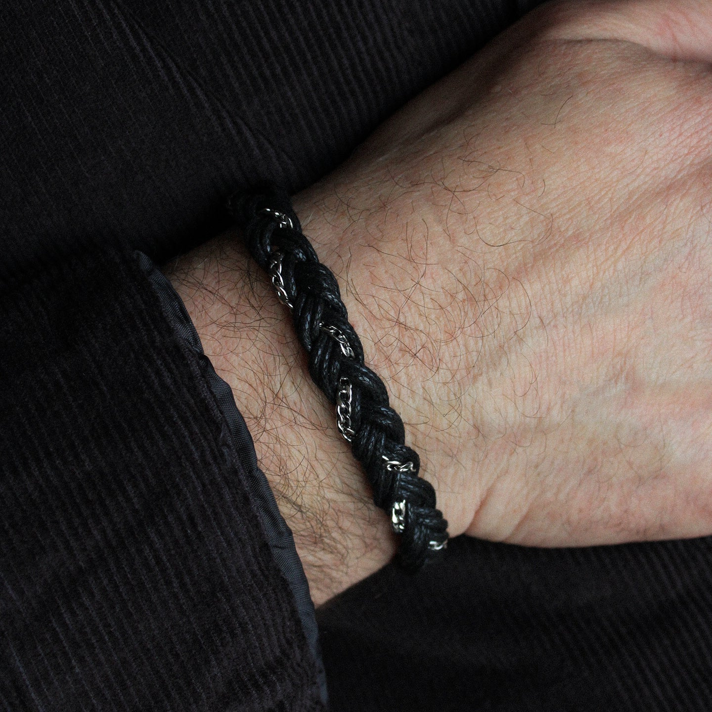 Armband geflochten in Silber und Schwarz, Edelstahl, verstellbar