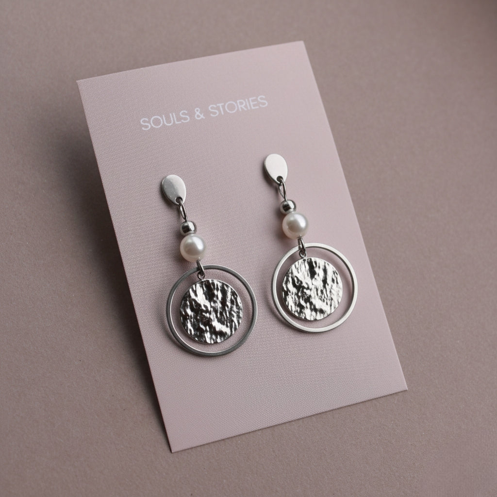 Ohrringe Silber mit Perlen und runden Anhängern, Ohrstecker