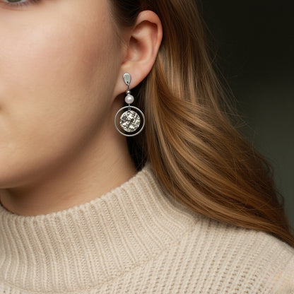 Ohrringe Silber mit Perlen und runden Anhängern, Ohrstecker