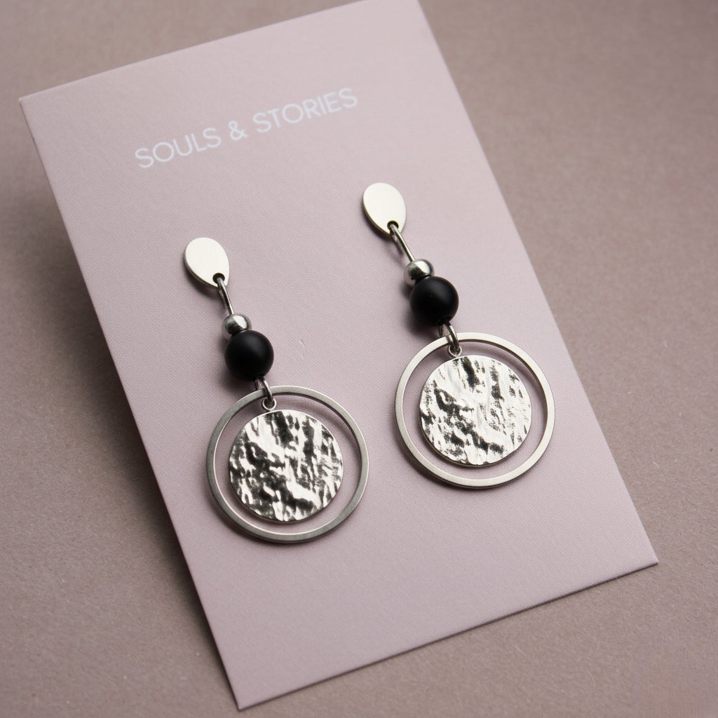 Ohrringe Silber mit Perle in Schwarz aus Naturstein und rundem Anhänger, Onyx Edelstein, Ohrstecker