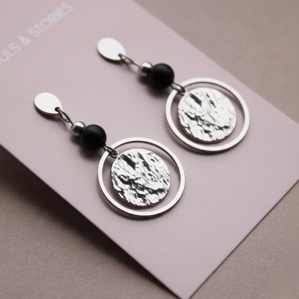 Ohrringe Silber mit Perle in Schwarz aus Naturstein und rundem Anhänger, Onyx Edelstein, Ohrstecker