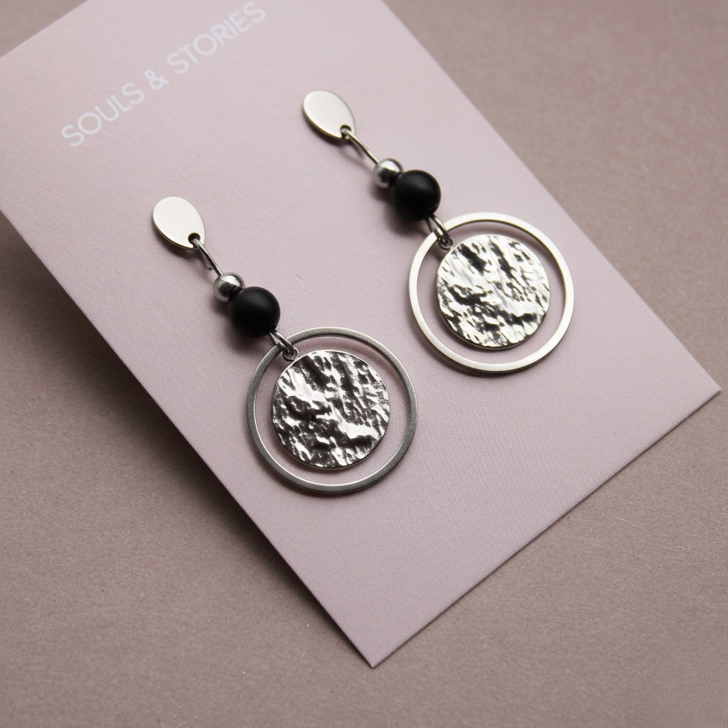 Ohrringe Silber mit Perle in Schwarz aus Naturstein und rundem Anhänger, Onyx Edelstein, Ohrstecker