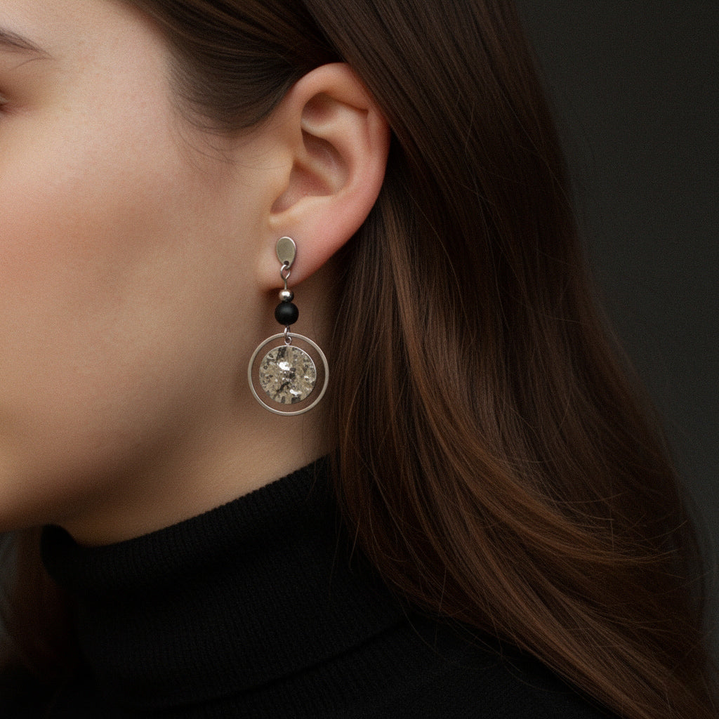 Ohrringe Silber mit Perle in Schwarz aus Naturstein und rundem Anhänger, Onyx Edelstein, Ohrstecker