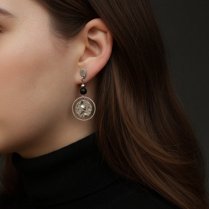 Ohrringe Silber mit Perle in Schwarz aus Naturstein und rundem Anhänger, Onyx Edelstein, Ohrstecker