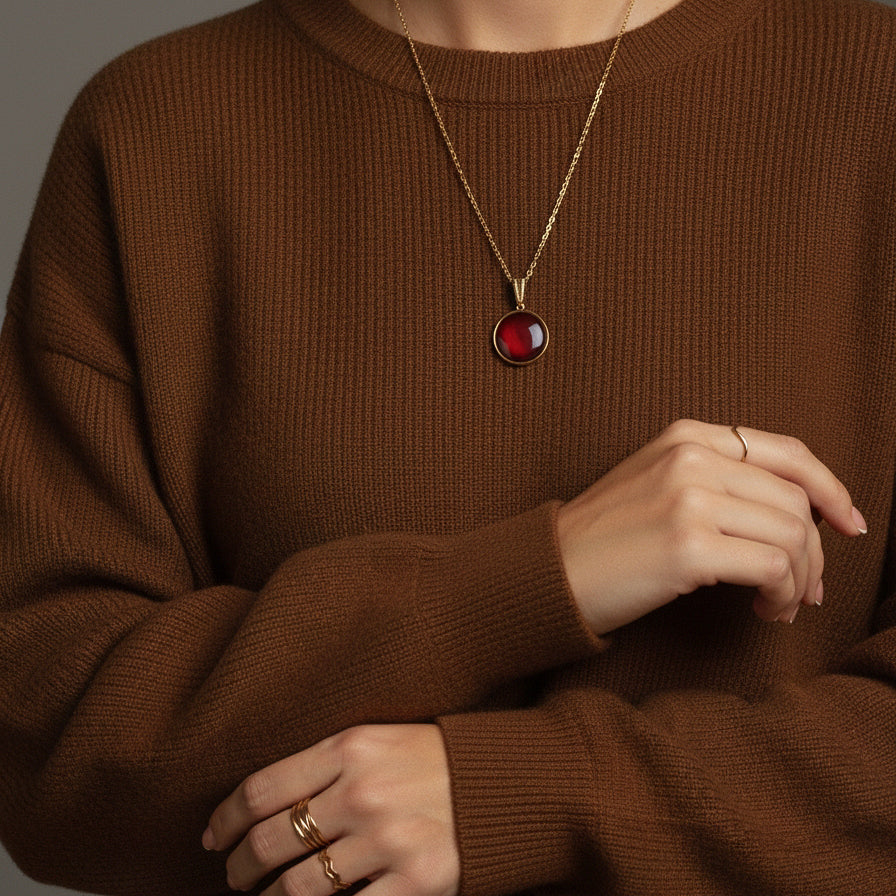 Goldene Halskette mit rundem Anhänger in Braun (2 cm), Edelstahl