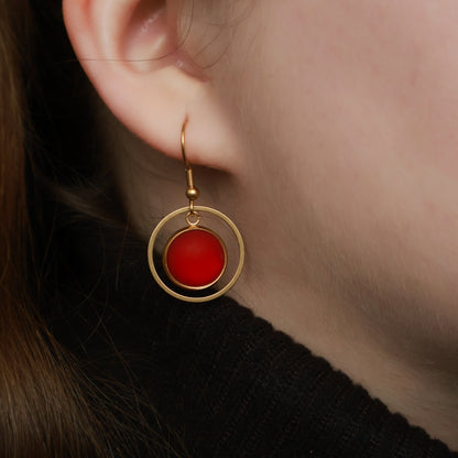 Ohrringe Gold und Rot Matt mit Kreis Anhänger, Edelstahl