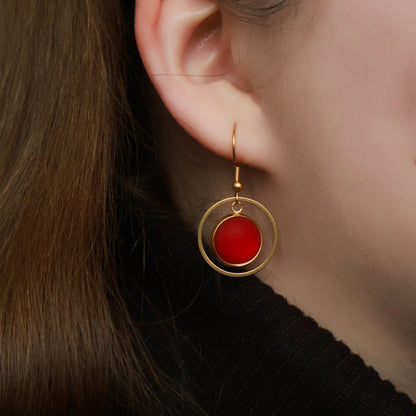 Ohrringe Gold und Rot Matt mit Kreis Anhänger, Edelstahl