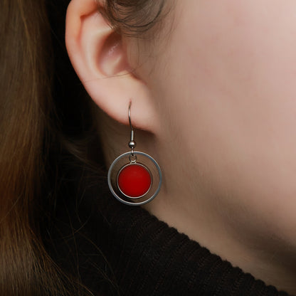 Ohrringe Silber und Rot Matt mit Kreis Anhänger, Edelstahl