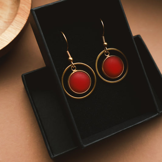Ohrringe Gold und Rot Matt mit Kreis Anhänger, Edelstahl