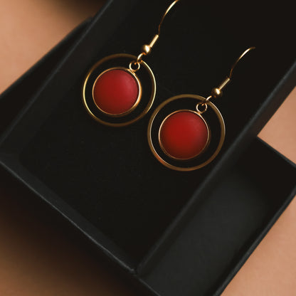 Ohrringe Gold und Rot Matt mit Kreis Anhänger, Edelstahl
