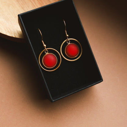 Ohrringe Gold und Rot Matt mit Kreis Anhänger, Edelstahl