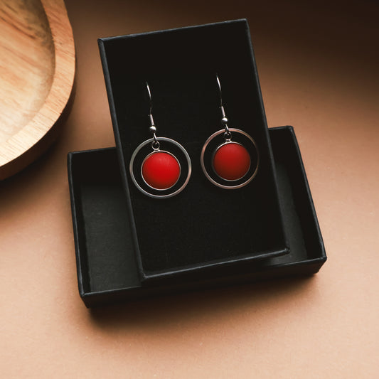 Ohrringe Silber und Rot Matt mit Kreis Anhänger, Edelstahl