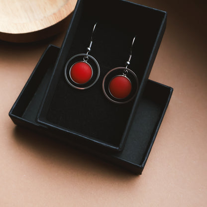 Ohrringe Silber und Rot Matt mit Kreis Anhänger, Edelstahl