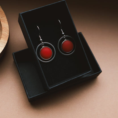 Ohrringe Silber und Rot Matt mit Kreis Anhänger, Edelstahl