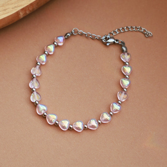 Armband mit Perlen in Herzform, Rosa und Silber