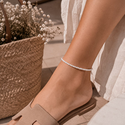 Perlen Fußkettchen aus echten Muschelkernperlen in perlweiß, Edelstahl Gold
