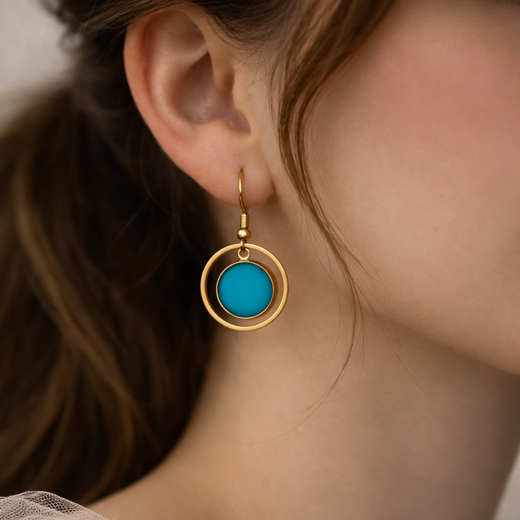 Ohrringe in Gold und Türkis Matt mit Kreis Anhänger, Edelstahl