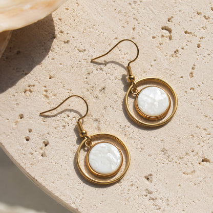 Ohrringe in Gold und Weiß, Kreis Anhänger, Edelstahl
