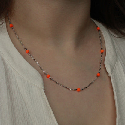 Halskette Silber mit kleinen Perlen in Orange, Neon Orange, Edelstahl