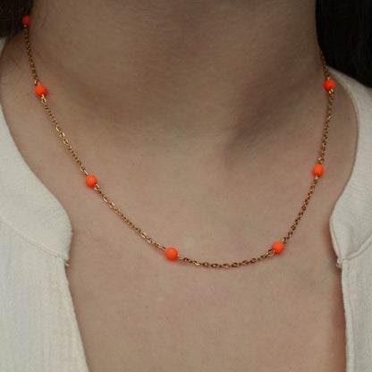 Halskette Gold mit kleinen Perlen in Orange, Neon Orange, Edelstahl