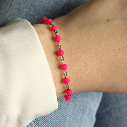 Armband Silber mit kleinen Perlen in Pink, Neon, Edelstahl