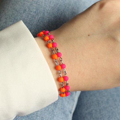 Armband Silber mit kleinen Perlen in Orange, Neon, Edelstahl