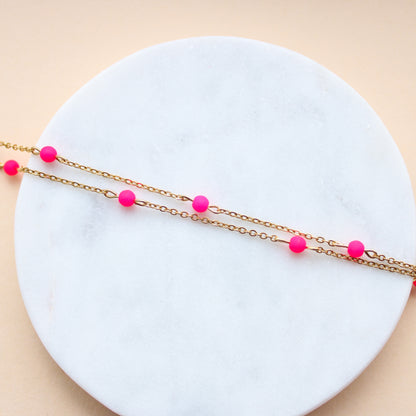 Halskette Gold mit kleinen Perlen in Pink, Neon Pink, Edelstahl