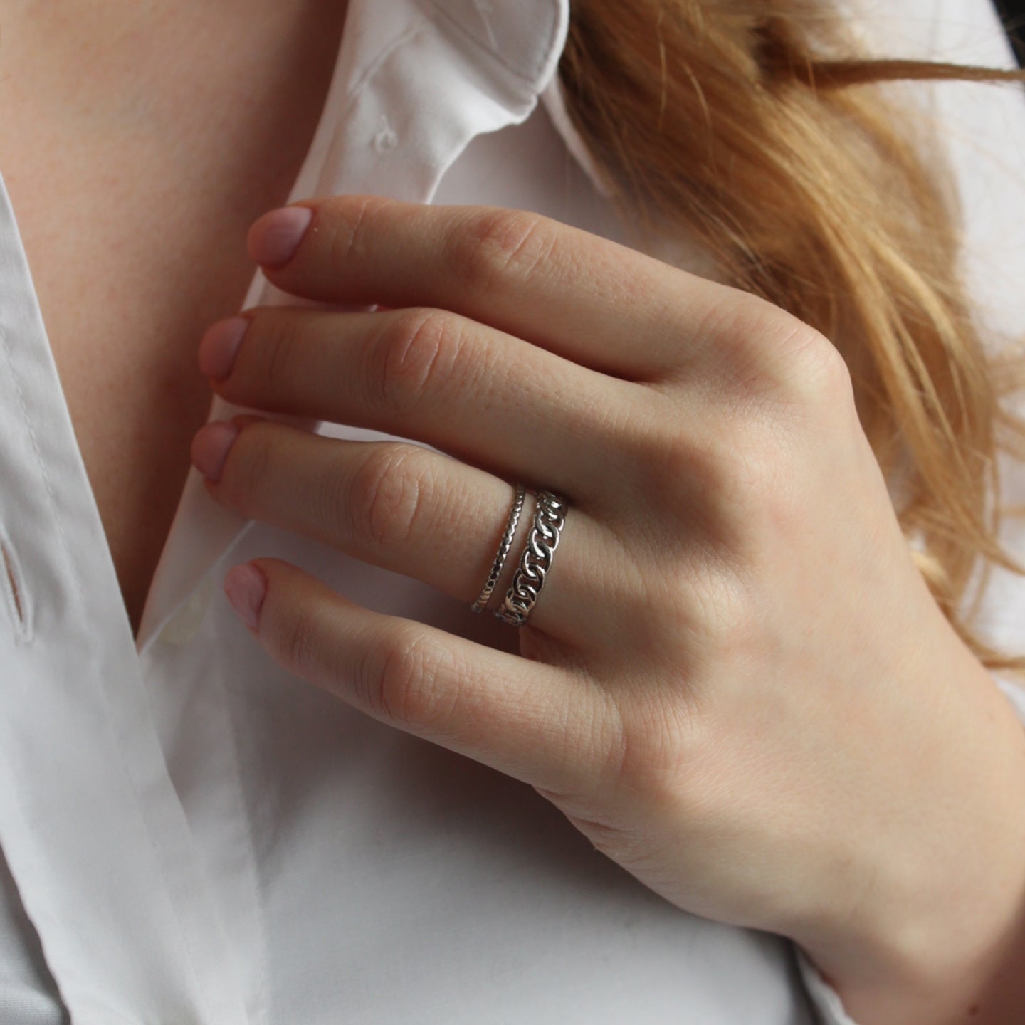 Edelstahl Ring zweireihig in Silber, verstellbar